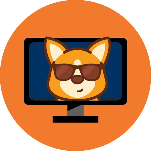 Corgidev Logo, orange circle with a computer monitor. The monitor has the face of a corgi wearing sun glasses.