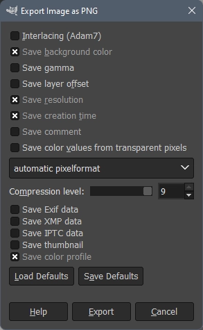 Export As dialog window in GIMP with the previously listed options unchecked.