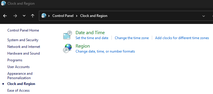 Windows control panel with the Region option showing.