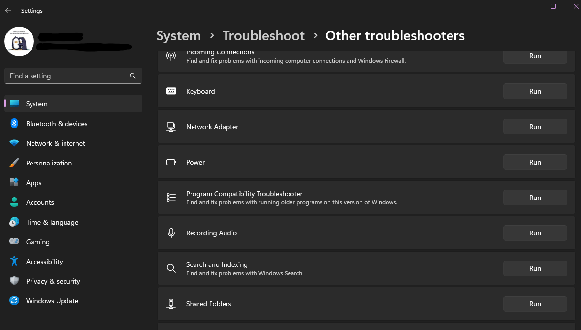 System settings opened up to Troublesoot/Other Troubleshooters.