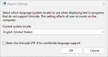 Region settings window with drop-down for current system locale displaying.