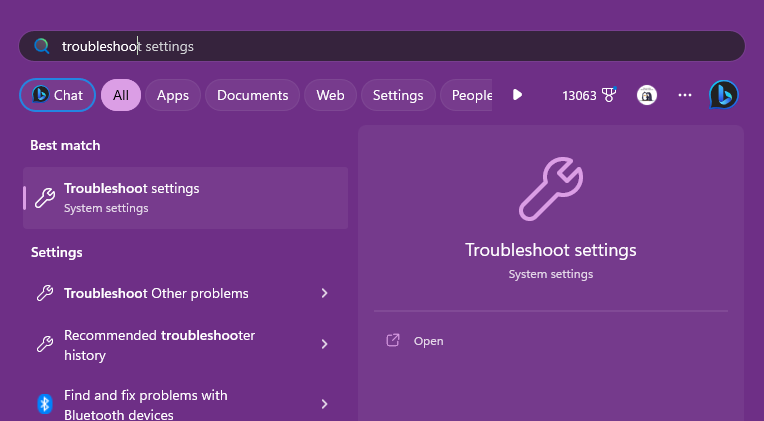 Start menu with the search term troubleshoot typed in and the troubleshoot settings displaying as an option.