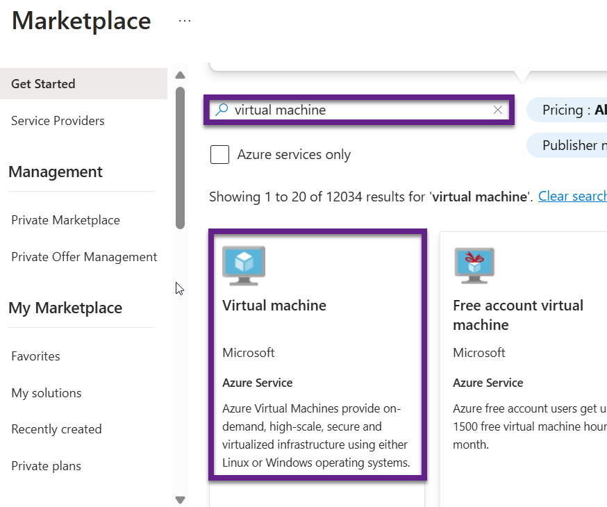 Azure Marketplace with the listing for Virtual Machine