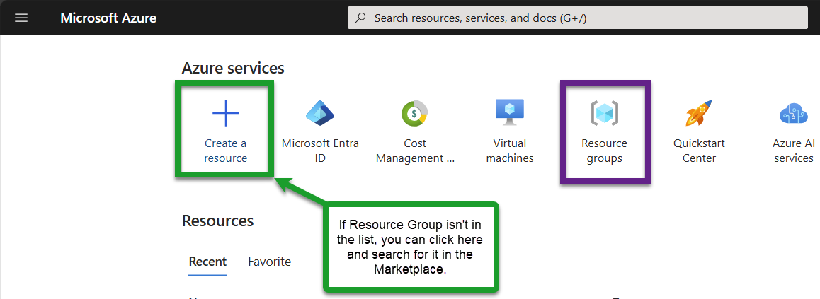 Azure Dashboard with the Create a Resource and Resource Group options.