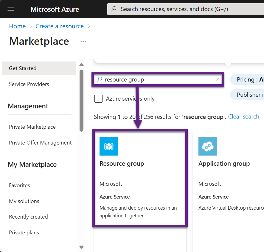 Azure Marketplace with Resource Group pulled up in the search.