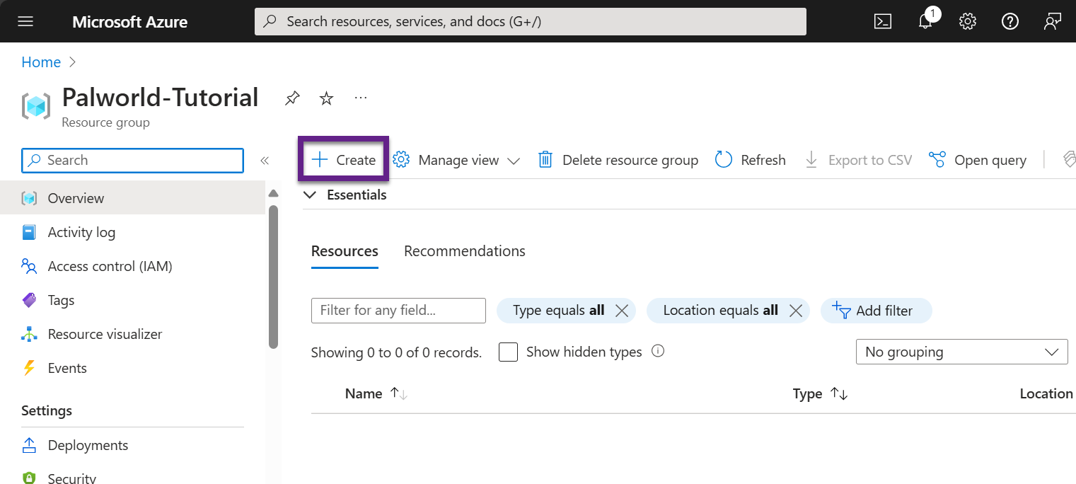 Resource Group dashboard with Create option highlighted