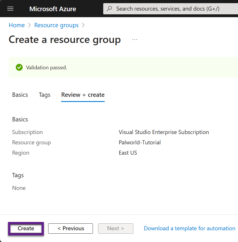 Azure Create a Resource page create validation page