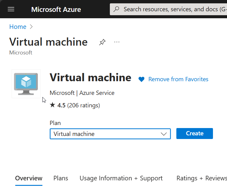 Azure Marketplace Virtual Machine page with Create button
