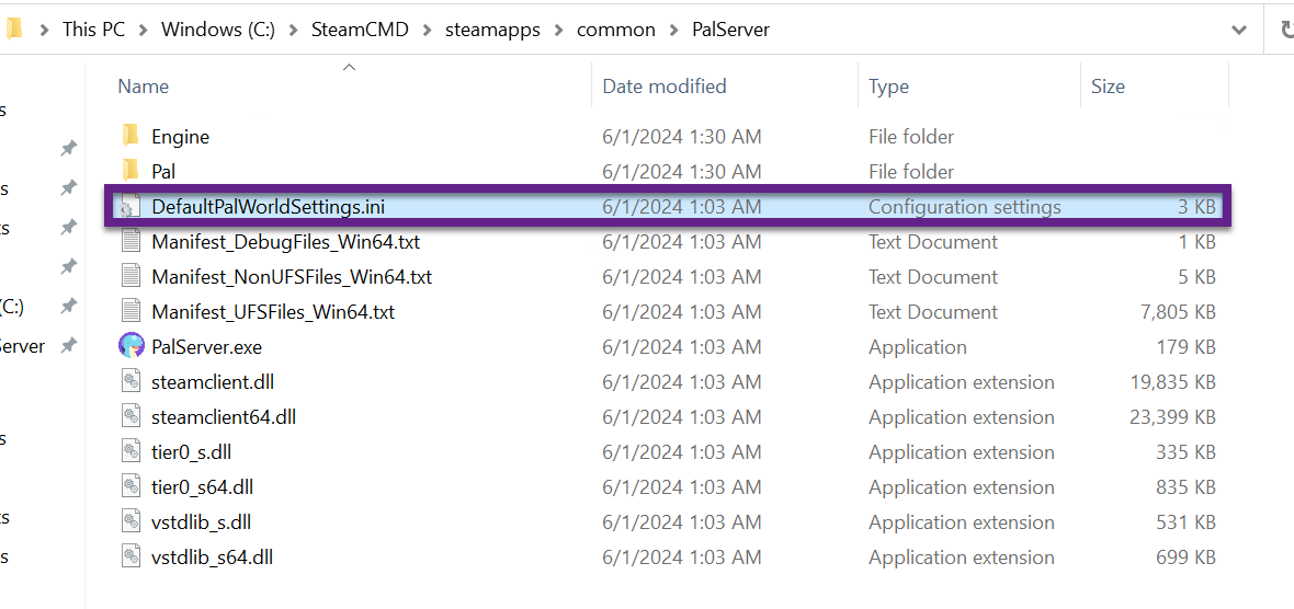 Palworld folder with the default settings file highlighted.