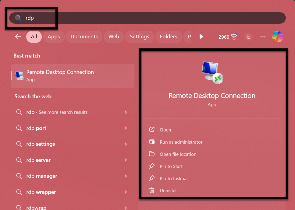 Windows start menu with RDP in search and the Remote Desktop Connection application selcted from the results.