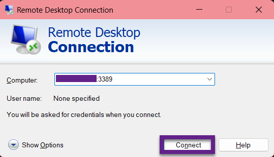 RDP Connect window with IP address and port entered in the Computer field.