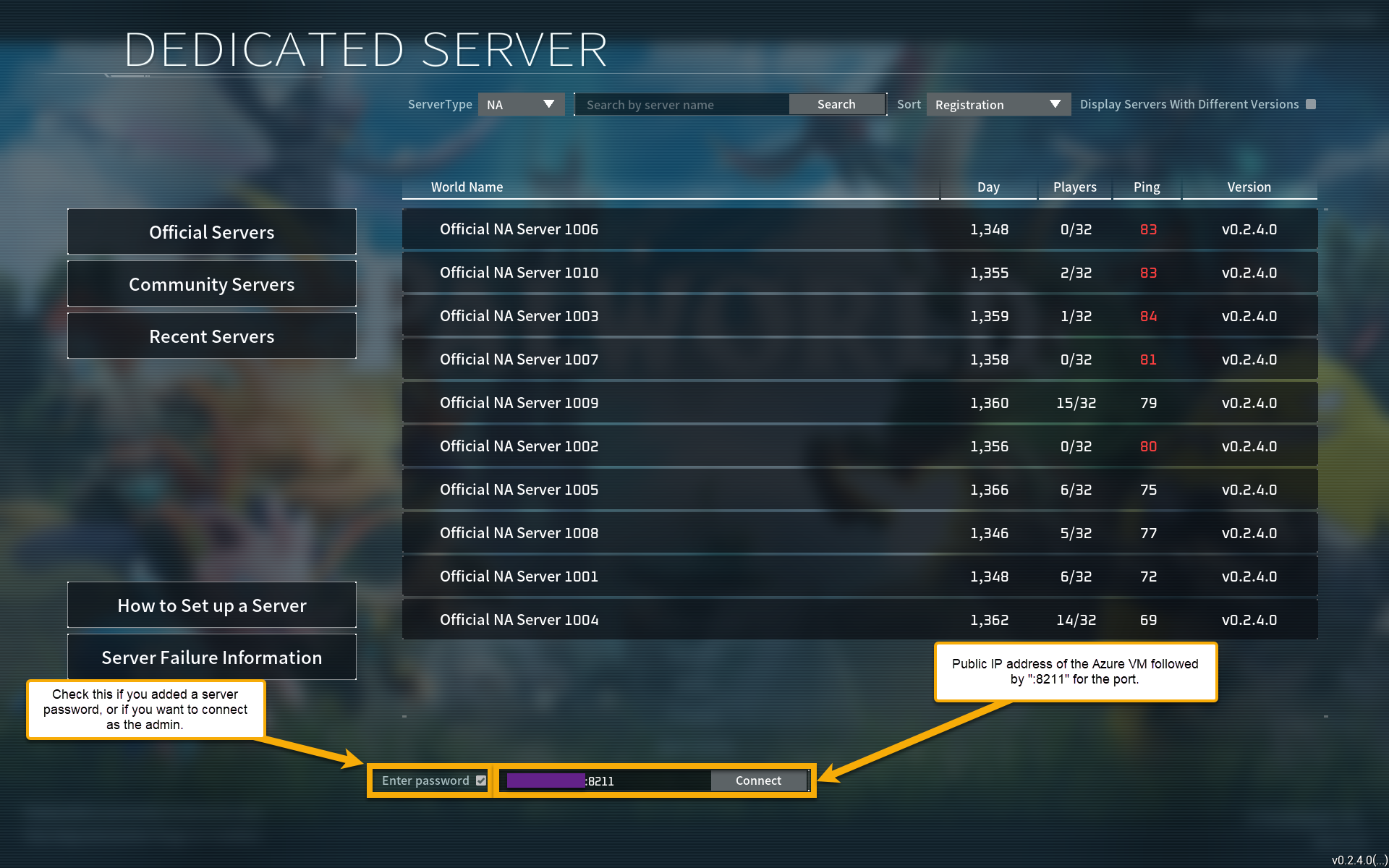 Palworld multiplayer screen with options to connect to servers.