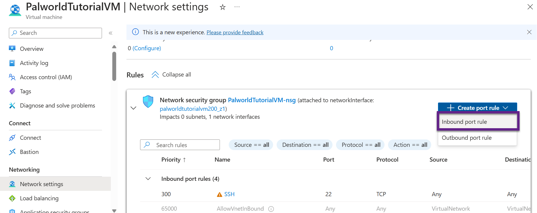 VM Network Settings page with the Inbound port rule option highlighted.