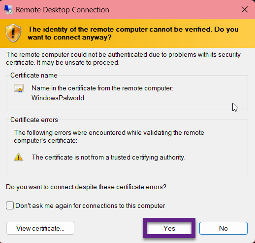 RDP connection security confirmation window.