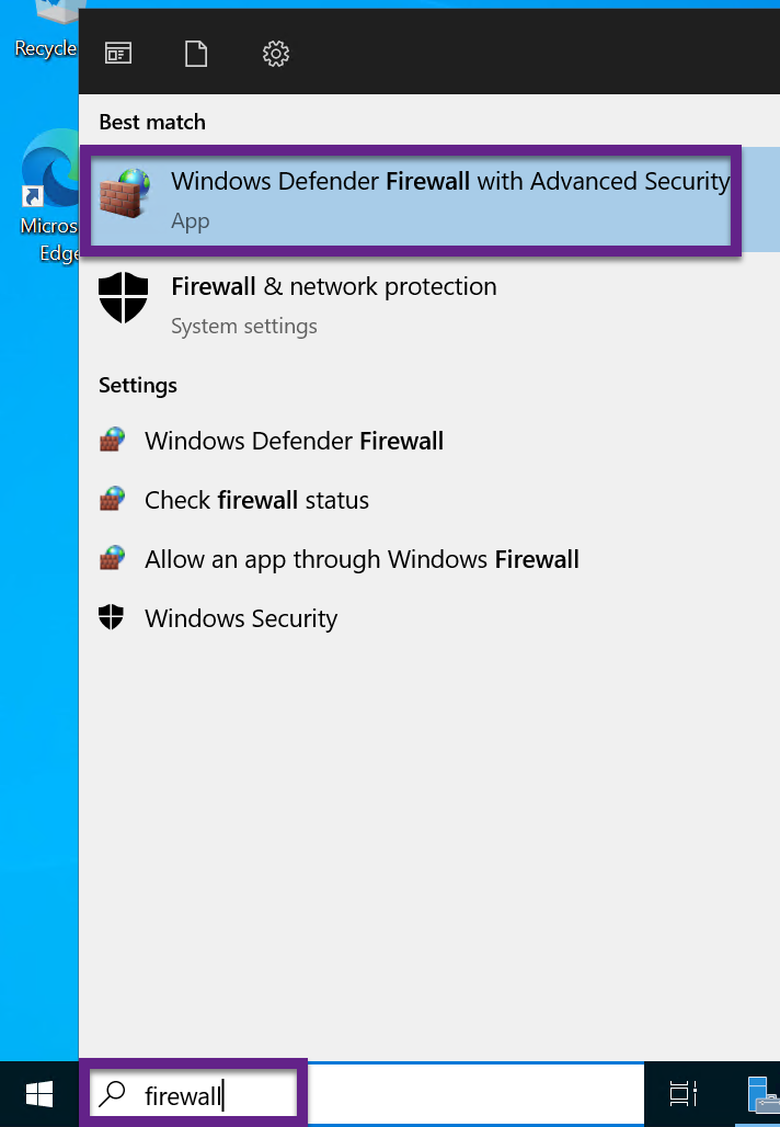 Windows start menu with firewall in the search and the Firewall app displayed in the results.