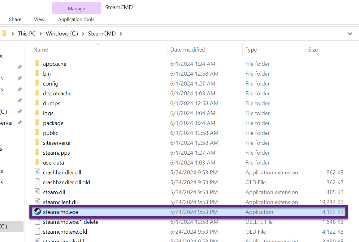 Windows folder for SteamCMD with the exe file highlighted.