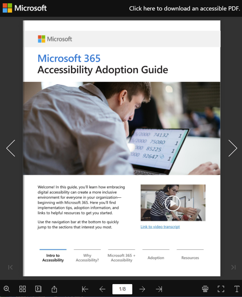 Interactive booklet of the Microsoft 365 Accessibility Adoption Guide with a link to a pdf version at the top of the page, and buttons to control interaction with the booklet at the bottom of the page.